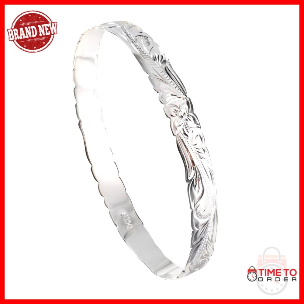 Sterling Silver Bangle Bracelet Elegant Tropical Plumeria Flower Cut Out Design